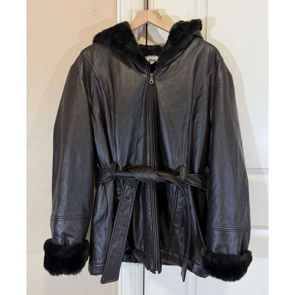 Pelle Thick Leather Jacket Faux Fur Belted with Hood Full Zip Women’s XL Brown